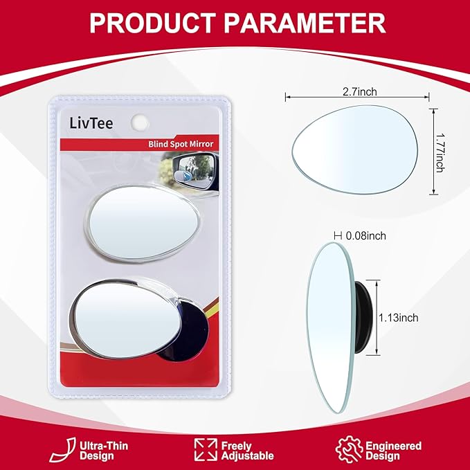 Blind Spot Mirror, Oval HD Glass Frameless Convex Rear View Mirror with wide angle Adjustable Stick for Cars SUV and Trucks, Pack of 2