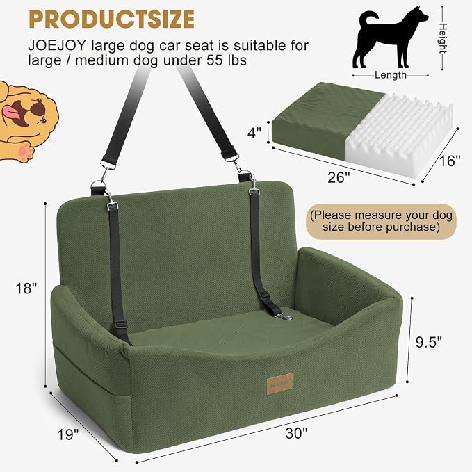 Dog Car Seat for Large Medium Sized Dogs Under 55 lbs, Dog Booster Seat for 2 Small Dogs with Detachable Washable Cover, Memory Foam Pet Car Seat with 2 Safety Belts and Storage Pockets