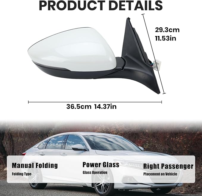 Right Passenger Side Mirror Compatible with 2018-2022 Honda Accord Power Glass | Heated | with Blind Spot | with Turn Signal | Manual Folding Repalces HO1321330 (8Pins-Pearl White)