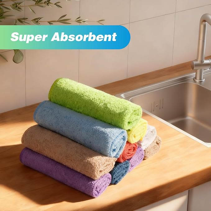 Microfiber Cleaning Cloth, 24 Pack Absorbent Cleaning Rags with 8 Color Assorted,Lint-Free Cleaning Towels for Car Kitchen House, 12"X11" (Multi-Color)