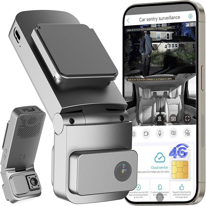 4G LTE Dash Cam with Live Streaming, Car Vandalism Surveillance Security Camera with Dual 155° Front & 180° Inside Camera, GPS Tracking, Radar Detect, G-Sensor, OBD II, 24/7 Parking Monitor