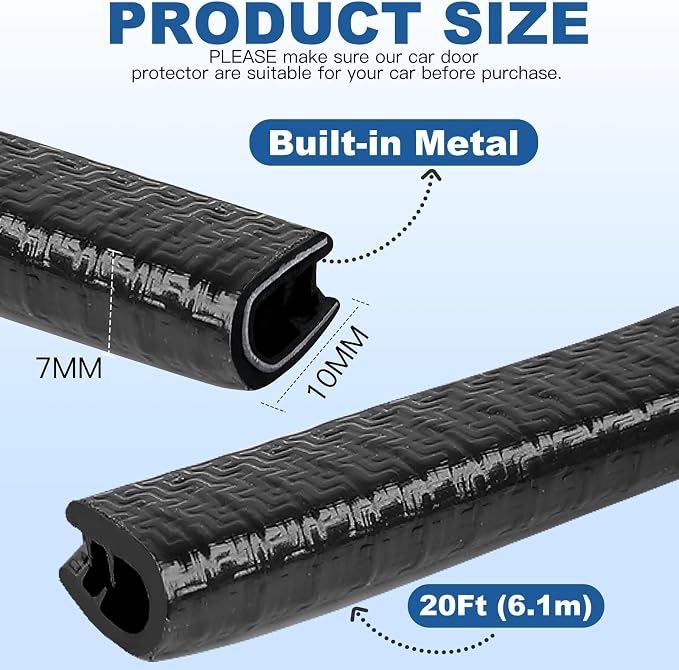 20Ft (6.1m) Car Door Edge Guards, U-Shaped Black Car Door Protector, Automotive Door Entry Guard Fit for Most Vehicles, Built-in Metal Clips, No Need Adhesive, Easy to Cut