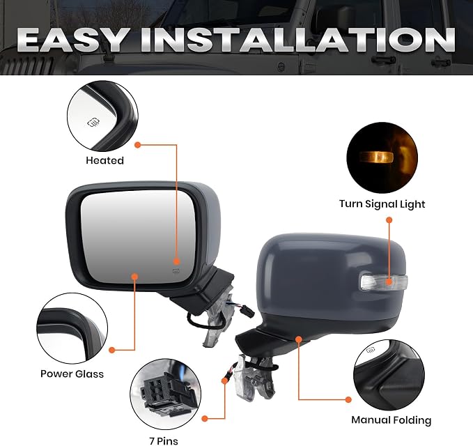 Left Driver Side Mirror Compatible with Jeep Renegade 2015 2016 2017 2018 2019 2020 2021 2022 2023 Door Rear View Mirrors Power Heated with Signal Light Prime Paintable (7 pins)