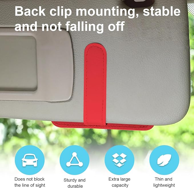2PCS Small Leather Car Sun Visor Organizer, Multifunctional Auto Visor Document Holder with Sunglasses Clip, Universal Car Interior Organizer for Drving License, Card, Pen (Red)