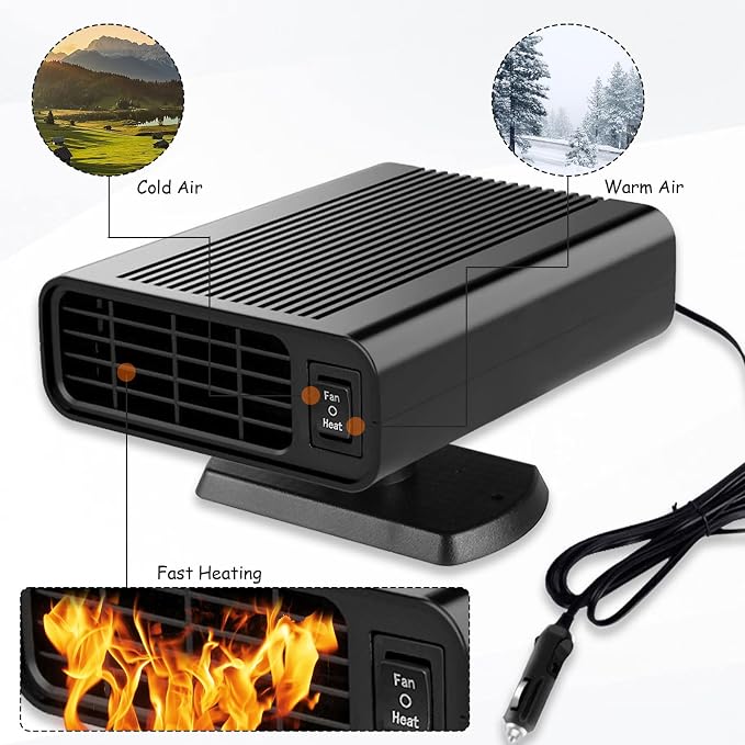 12V Portable Car Heater, 2-in-1 Heater and Cooler Fan with 360° Rotatable Quick Defroster/Defogger, 150W Plug in Cigarette Lighter for SUV, Truck, RV
