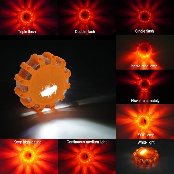 GP903 LED Road Flares Safety Flashing Warning Lights, Magnetic Base Hook Carrying Bag 9 Flash Modes, for Car Truck Boat 3Pack(Batteries not Included) Orange