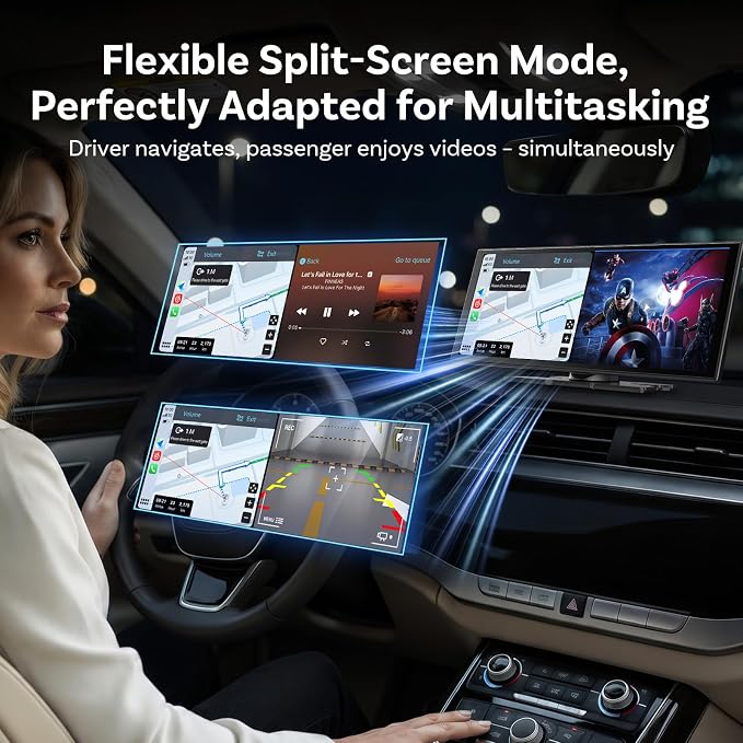 OTTOCAST ScreenFlow 11.4" Wireless Apple CarPlay & Android Auto Screen | Pre-installed Netflix/YouTube, HD Split-Screen, 1080P Backup Camera, Dual WiFi & Bluetooth | Universal for Car/SUV/Truck