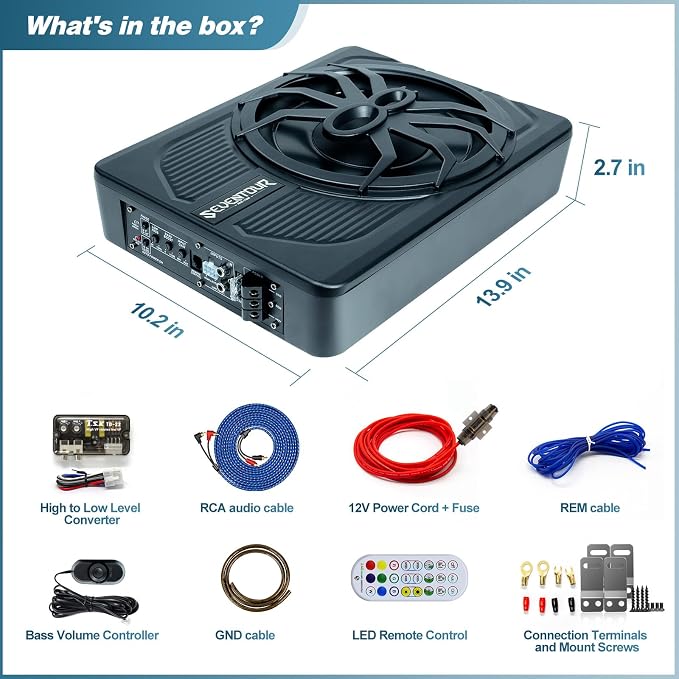 10" Upgrade 800W Slim Under Seat Powered Car Subwoofer, Car/Truck Audio Sub Built in Amplifier amp Combo, with Blue LED Light (RGB LED Subwoofer+Installation Wire Kit)