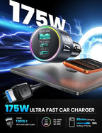 175W Super Fast Car Charger [GaN] 3-Port Car Charger USB C Fast Charge with USB-C Cable, Car Cigarette Lighter USB Charger for iPhone 17/16/15, Samsung S26/25, Pixel 10, MacBook, iPad and More