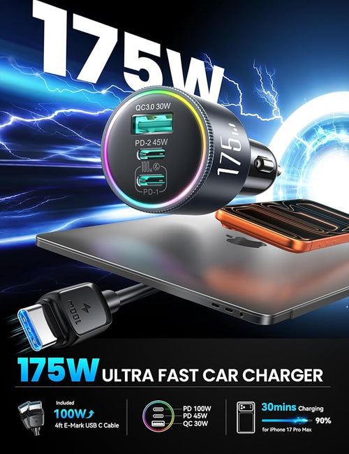 175W Super Fast Car Charger [GaN] 3-Port Car Charger USB C Fast Charge with USB-C Cable, Car Cigarette Lighter USB Charger for iPhone 17/16/15, Samsung S26/25, Pixel 10, MacBook, iPad and More
