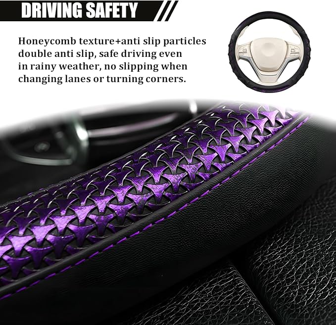 Car Steering Wheel Cover, 14.5-15" Anti-Slip Steering Wheel Protector with 3D Honeycomb Massage Grip, Comfortable Auto Interior Decor Accessories, Universal for SUV Van Truck (Black/Purple)