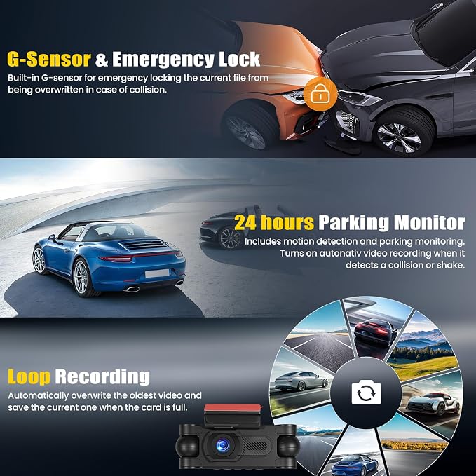 360° 4 Channel 2K Dash Cam Front and Rear Inside,3 Inch Dash Camera for Cars Car Camera Built in GPS with APP Control,IR Night Vision,Loop Recording,G-Sensor,Parking Assistance,24H Parking Monitor