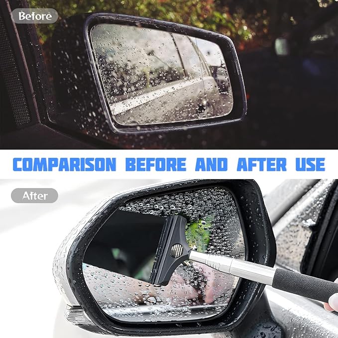 Car Rearview Mirror Wiper, American Flag Telescopic Auto Mirror Squeegee Cleaner, Glass Mist Cleaning Tool with Retractable 98cm Handle, Portable Car Windows Water Removal (Black/Black Flag)
