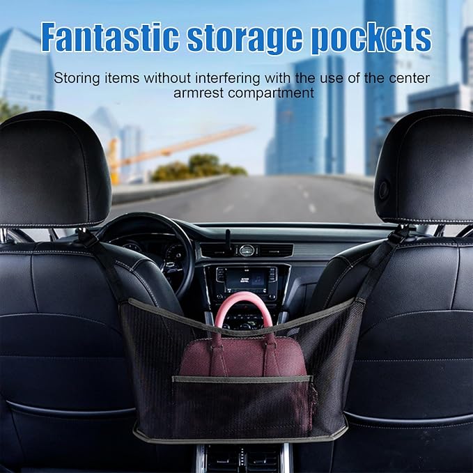 2 PCS Car Net Pocket Handbag Holder, Organizer Mesh Bag Between Two Seat, Driver Storage Netting Pouch for Handbag Purse, Barrier of Backseat Pet, Car Accessories for Women Men (Black)
