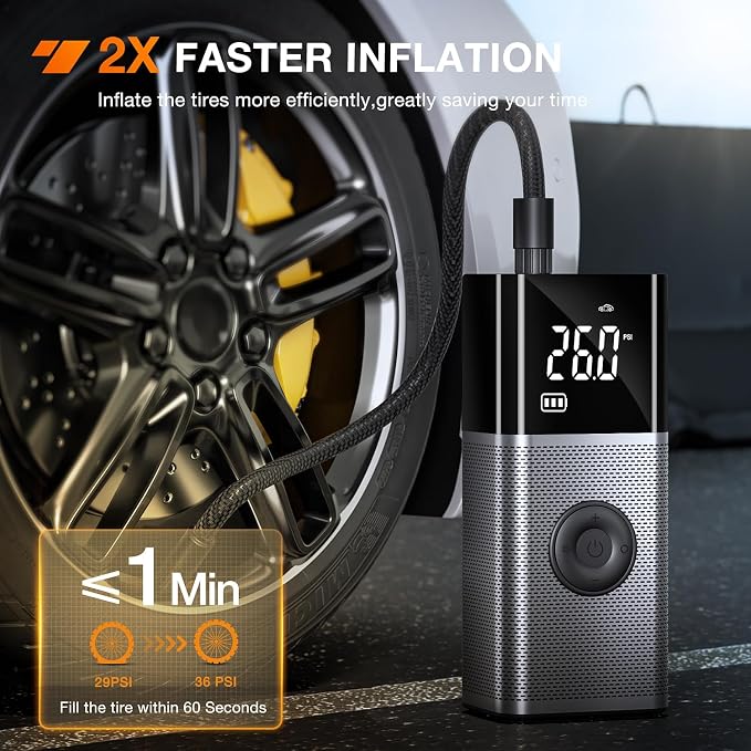 Tire Inflator Portable Air Compressor Rechargeable 12VDC 150PSI Cordless Battery Cigarette Powered 2X Faster Inflation Pump w/Digital Pressure Gauge for Car Motorcycle Bike