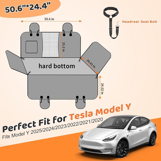 Upgraded Back Seat Extender for Tesla Model Y - Large Hard Bottom Dog Car Seat Cover Holds 550lbs, Waterproof Dog Hammock Pet Bed with High-Density Foam Non-Slip Backseat Protector