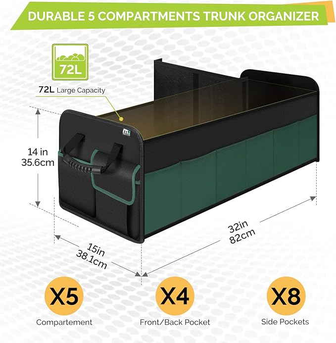 Large Trunk Organizer for SUV with 5 Compartments, Collapsible Car Organizer with Strong Handle and Non-Slip Bottom, Storage Organizer for Sedans, Van, Jeep, Grocery, Black Mixed Green