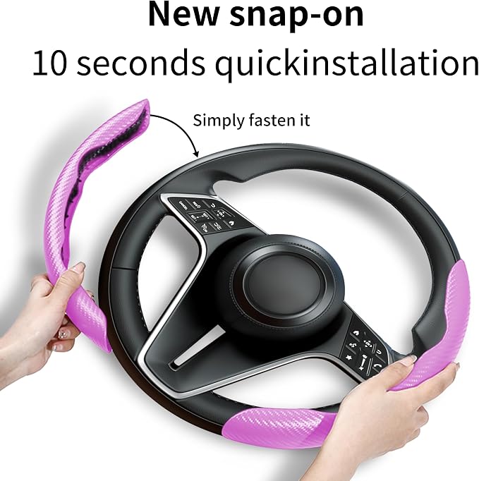 2Pc Carbon Fiber Steering Wheel Cover Universal Fit 99% Cars | Non-slip soft grip, easy to wipe clean, quick to install, perfect for daily commutes and road trips, Pink