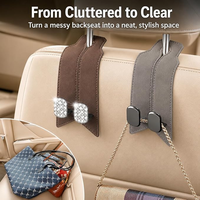 2Pcs Car Headrest Hooks with Premium Leather, Upgraded Double Metal Hooks with Anti-Drop Design, Universal Back Seat Hanger for Bags, Coats, Purses and Groceries (Classic Gray)
