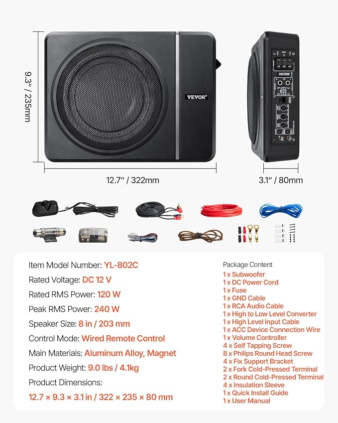 8" 240W Underseat Car Subwoofer, Slim Powered Car Subwoofers Under The Seat, Low Profile Audio Sub Built-in Amplifier, High/Low Level Input & Volume Controller for SUVs, Car, Truck, RV