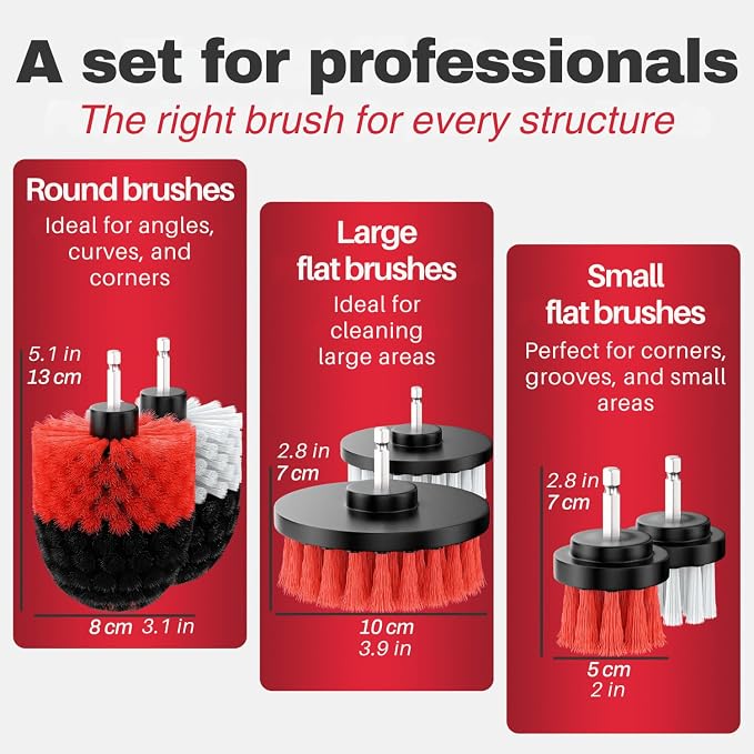 Drill Brush Attachments for Cleaning [Set of 6] Universally Cleans Cars, Rims, Upholstery, Tiles, and More I Brush Drill Attachment for Cleaning I Drill Brush for Car Detailing (Red)