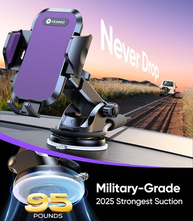 Purple Phone Holders for Your Car [Upgraded True Military-Grade Strongest Suction] Cell Phone Mount for Car Dashboard Windshield Vent Truck Boat Stand Adjustable for iPhone Android