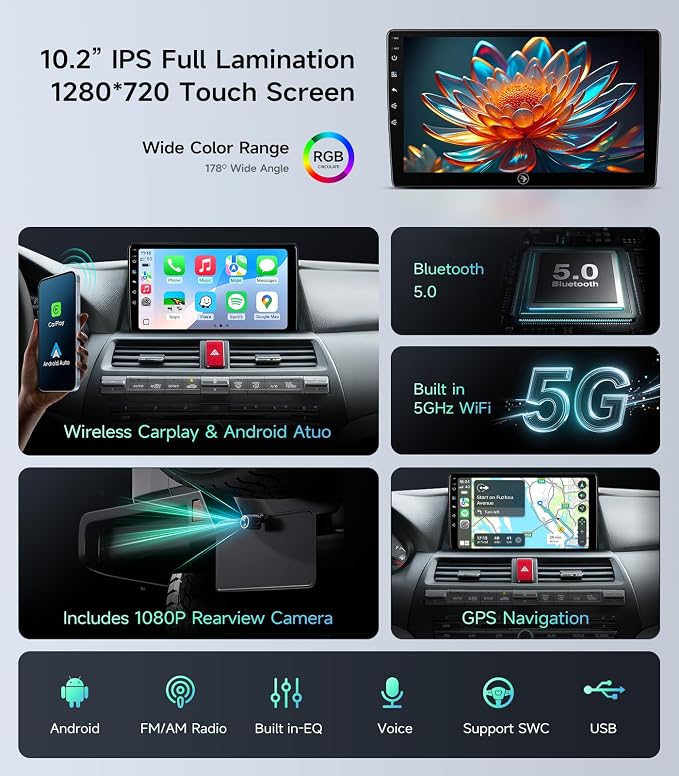 Car Radio Stereo for Honda Accord 2008-2012, Wireless CarPlay Android Auto | 10.2-inch IPS HD touchscreen, 5G WiFi GPS navigation, phone link, Bluetooth FM AM SWC, 1080P backup camera, plug-and-play