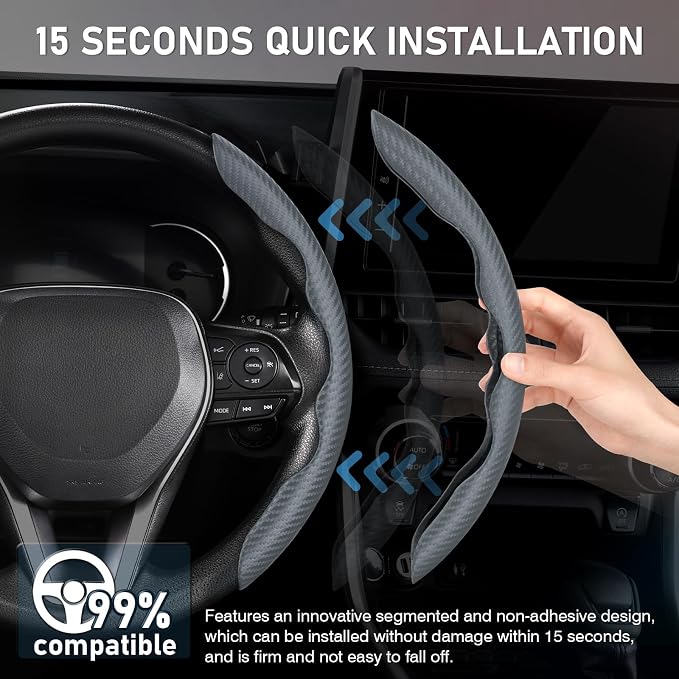 Steering Wheel Cover, Carbon Fiber Steering Wheel Cover for Men/Women, Anti-Slip, Comfortable Grip, Durable, Universal for 99% Car Interior Accessories (Dark Gray)