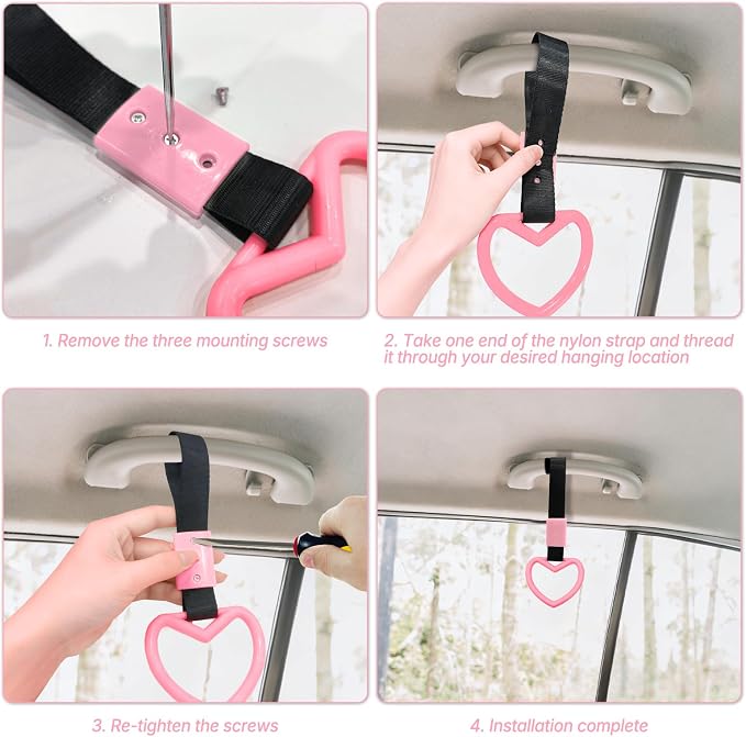 2 Pcs Heart Shaped Car Handle Strap – Drift Charm Rear Bumper Warning Ring Decor for Car Interior Exterior, Subway Bus Handle Accessory, Cute Heart Car Decor Gift for Women & Men (Pink)