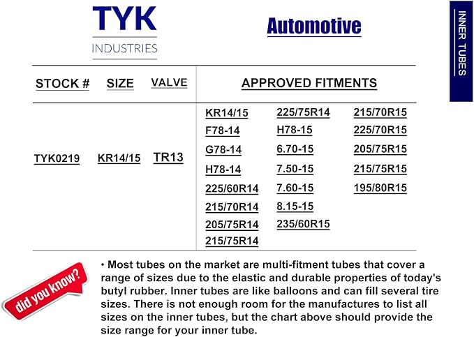 Four KR14/15 Passenger Car Tire Inner Tube with TR13 Short Rubber Valve Stems for 205/75R15, 215/75R15, 215/70R15 and 225/70R15 Tires