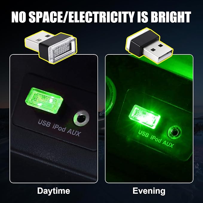 4 PCS USB LED Car Interior Atmosphere Lamp, Portable Mini LED Night Light, Plug-in USB Interface Trunk Ambient Lighting Kit, Universal Car Interior Accessories (Green)