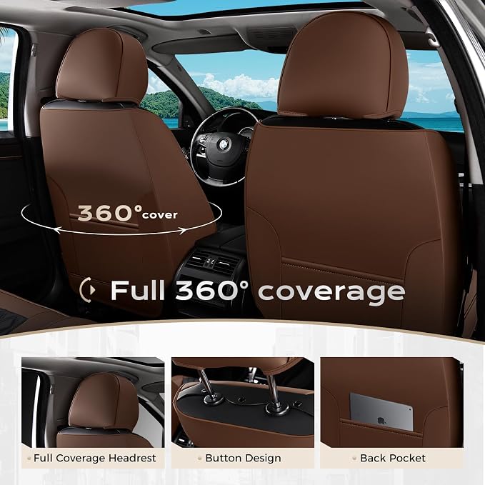 Coverado Car Seat Covers Front Seats, Premium Breathable Waterproof Faux Leather Full Set with Rear Protectors, Luxury Automotive Interior for Sedans SUVs Trucks – CoffeeBlack