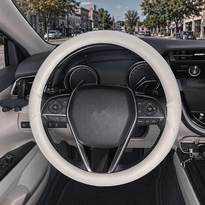 Steering Wheel Cover Universal Standard Size 14.5-15 inch, Non-Folding Packaging, Breathable Microfiber Leather, Anti-Slip, Soft Grip, Fits Most Cars SUVs Trucks, Light Creamy Gray