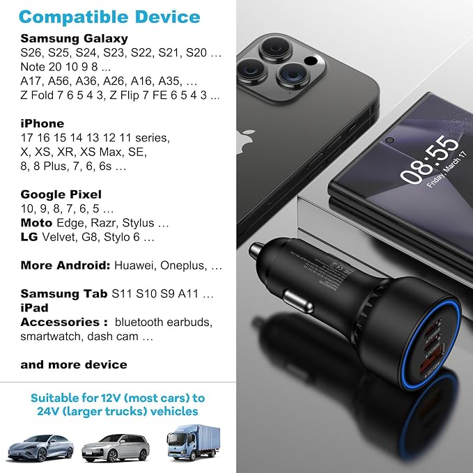 Multi 3 Ports Fast Car Charger Adapter 12V Auto Vehicle Plug - USB C & USB A Quick Charging - Cigarette Lighter Cell Phone Automobile Charger for iPhone 17 Pro Max Air 17e 16e 16 15, Samsung S26