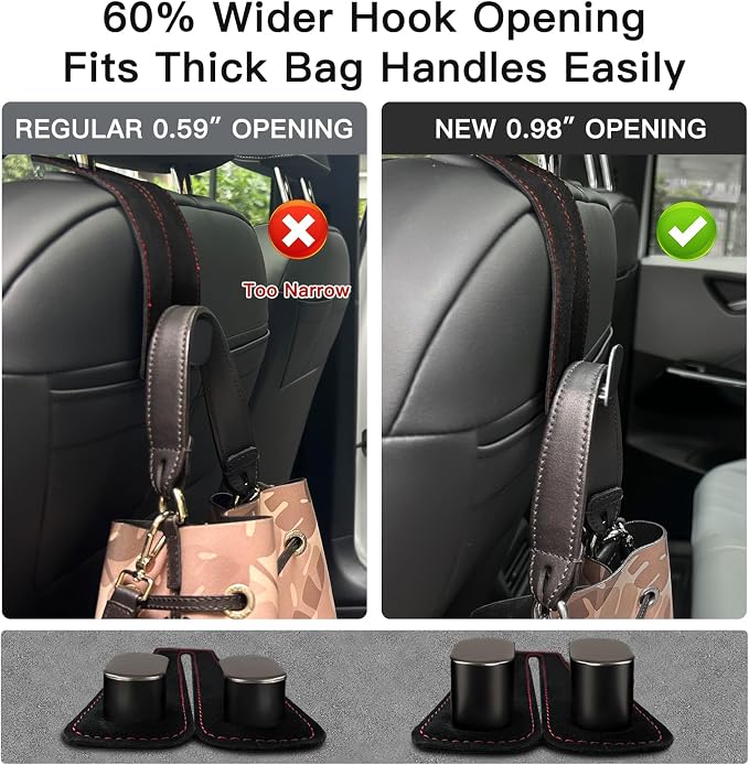 2Pcs Wide Car Headrest Hooks for Purses and Bags, 2026 Upgraded 0.98” Wide Opening for Thick Bag Handles, Premium Leather Car Seat Hanger with Dual Metal Hooks, WideFit Gray