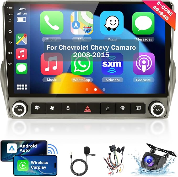Qualcomm 8Core 4+64G Car Stereo for Chevrolet Chevy Camaro 2008-2015 Wireless CarPlay/Android Auto Android Radio 9" IPS Touch Screen,BT5.1,DSP Hi-Res,5G WiFi,GPS,SWC,Backup Camera