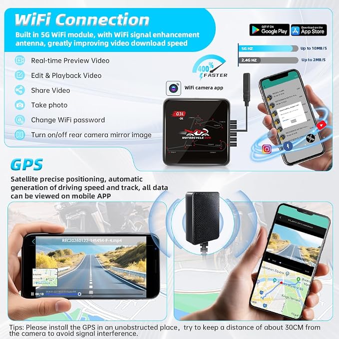 VSYSTO Dual 2K Motorcycle Dash Camera, 5G WiFi High Speed Video Download, Parking Monitoring, Starlight Night Vision Front and Rear Cameras, GPS, LED Light Wired Controller