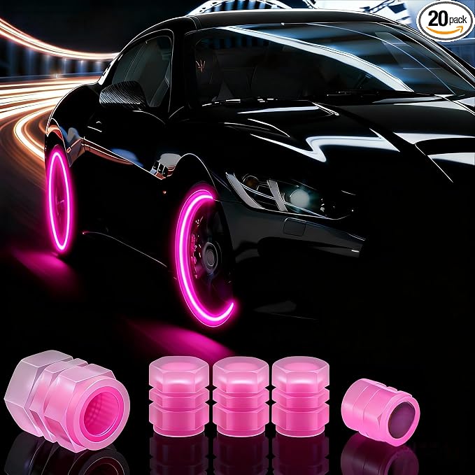 20 Pcs Glow in The Dark Tire Valve Caps Fluorescent Tire Valve Stem Caps, Cool Car Present for Universal Decoration Accessories for Car SUV Bicycle Motorcycles Trucks (Pink)