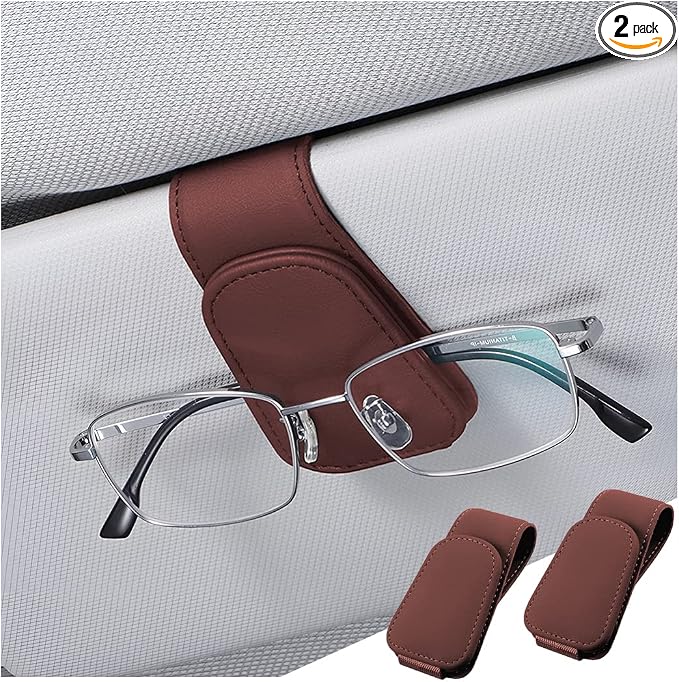 Sunglasses Holder for Car Sun Visor, 2 PCS Magnetic Leather Eyeglass Hanger, Sun Glasses Mount Clip on Visors, Ticket Card Cash Organizer, Auto Interior Accessories (Wine Red)