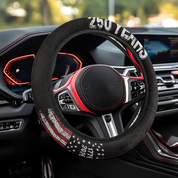 Auto Steering Wheel Covers Comfort Anti-Slip Safety Stretch-on 14-15 inch, American 250 Years Print Easy Fix Machine Washable Steering Wheel Protection