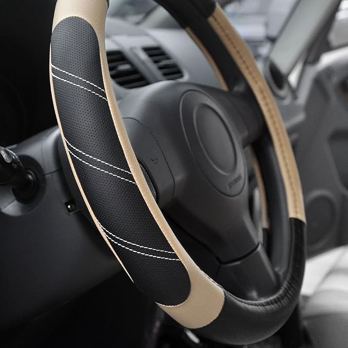 Sport Leather Steering Wheel Cover 14 1/2 inch to 15 inch Universal, Padded Soft Grip Breathable for Car Truck SUV Jeep, Anti Slip Odorless Black and Beige