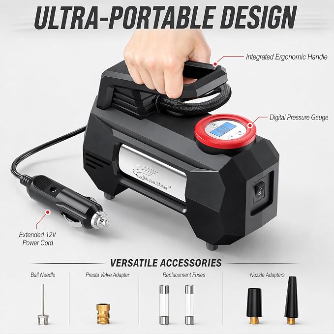 HAUSBELL Tire Inflator 150PSI Portable Air Compressor | 12V DC, 35L/Min fast inflation for SUV, Sedan & more. Digital gauge with auto shut-off. LED light for roadside & night use.