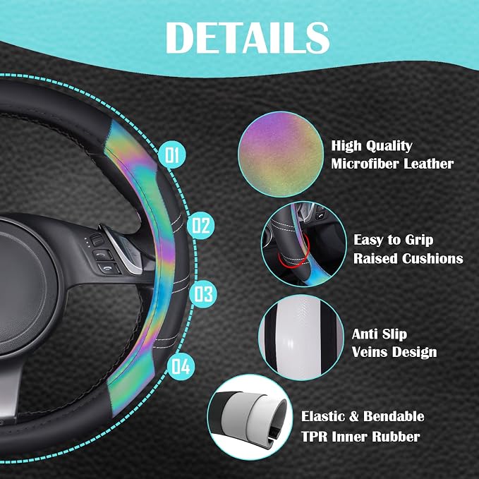 Line Rider Microfiber Leather Sporty 14.5-15 inch Steering Wheel Cover Universal Fits for 95% Truck,SUV,Cars, Anti-Slip Safety Comfortable Design (Black Reflective)
