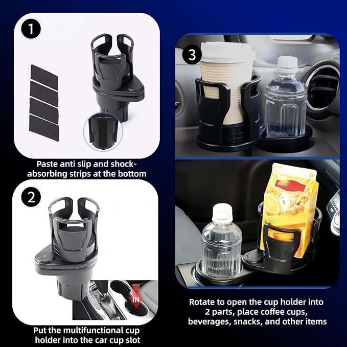 Car Cup Holder Expander, 2-in-1 Multifunctional Adjustable Drink Holder, Black Universal Beverage Organizer for Vehicle Console, 7.32 x 3.35 Inch