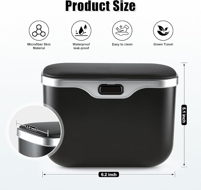 Car Trash Can, Car Garbage Bin with Lid & Handle - Leak-Proof Mini Trash Can for Car, Truck, SUV - Essential Car Accessories for Organization (Black)
