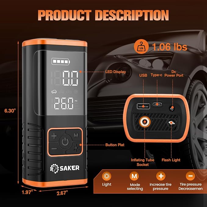 Tire Inflator Portable Air Compressor - 150PSI Car Tires Air Pump with Tire Pressure Gauge Led Light, 7500mAh Battery & 12V DC Smart Tire Inflator for Car, Motorcycle, Bike Tire, Ball