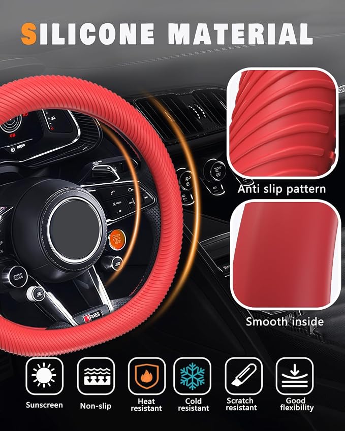 Car Steering Wheel Cover, Thin Anti-Skid Silicone Steering Wheel Cover for Men & Women, Universal Automotive Interior Accessories for Most Cars (Red)