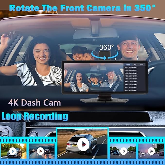 Wireless Carplay Screen for Car 10.26" 4K 360 Rotation Dash Cam Carplay&Android Auto Car Stereo 1080p Backup Camera GPS Navigation/Mirror Link/Voice Control/Siri/FM Satellite Radio Receiver