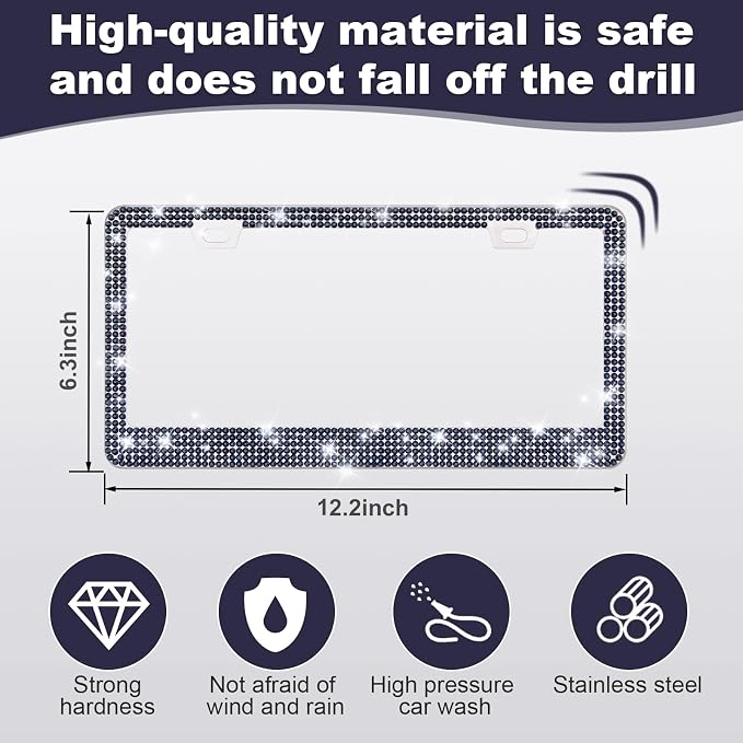 2 Pack Bling License Plate Frames for Women, Sparkly Rhinestone Diamond Car Accessories with Glitter Crystal Caps (Navy Blue)