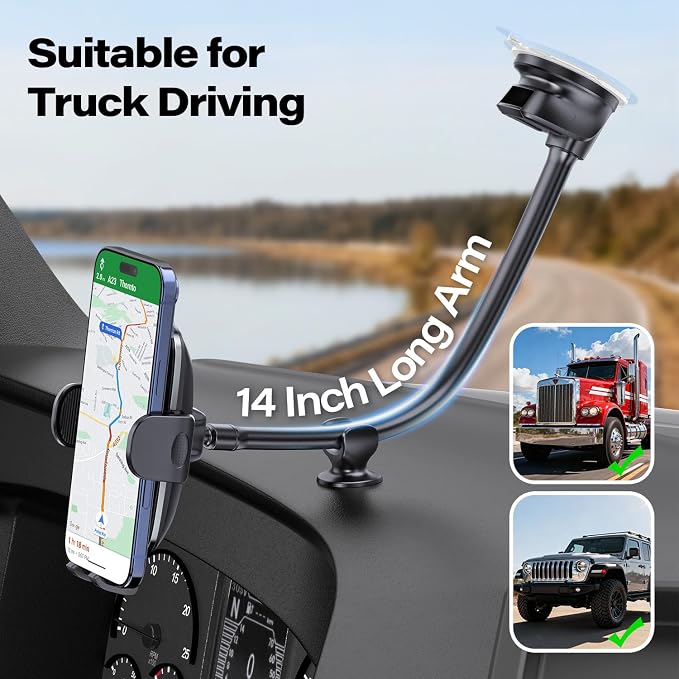 14'' Gooseneck Car Phone Holder,Heavy Duty Phone Holder for Truck, [Flexibile Long Arm] [Anti Shake stabilizer] Windshield Car Phone Mount Suction Cup,Fit for iPhone, Samsung (Black Plaid)